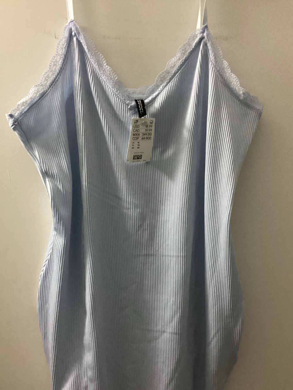 Divided Light Blue Ribbed Lace-Trim Cami